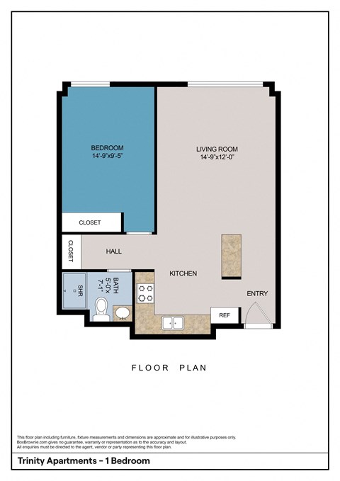 Floor plan for 1 bed, 1 bath, 620 sqft